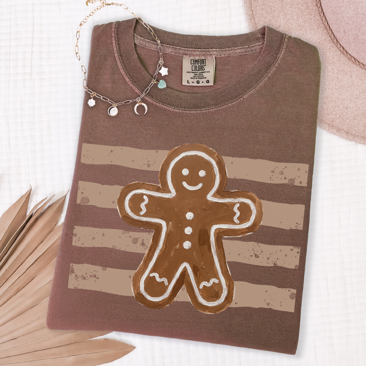 ingerbread man Christmas shirt with light brown stripes on espresso brown shirt