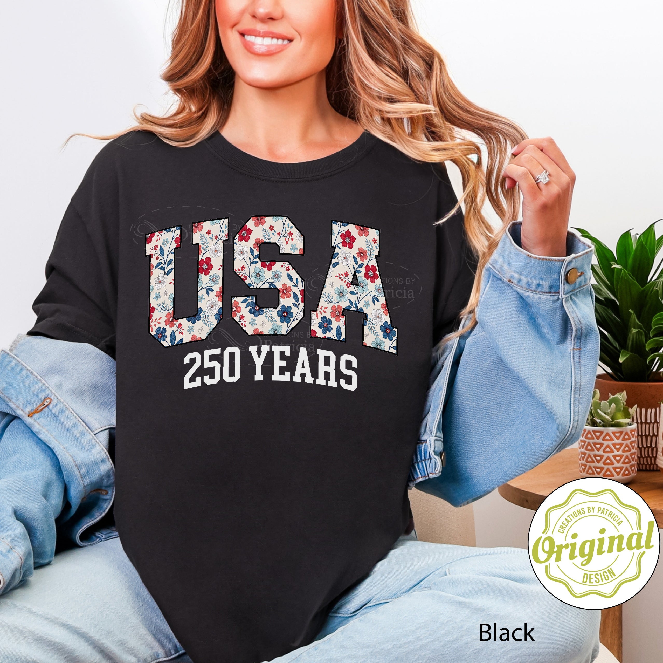 USA 250 Years Shirt Floral Patriotic Graphic Tee