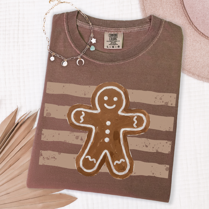 ingerbread man Christmas shirt with light brown stripes on espresso brown shirt