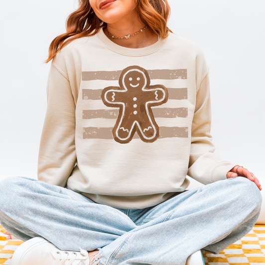 Gingerbread man Christmas sweatshirt with neutral beige stripes on sand crewneck