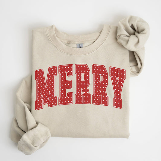 Merry polka dot red varsity letter Christmas sweatshirt in sand color