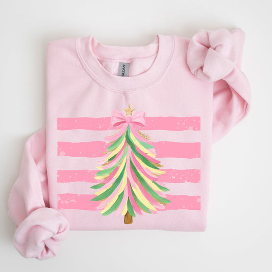 Pink Christmas tree sweatshirt with pastel stripes and bow in light pink
